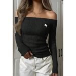 Off Shoulder Cable Knit Solid Long Sleeves Sweater - Image 7