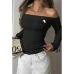 Off Shoulder Cable Knit Solid Long Sleeves Sweater - Image 8