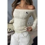 Off Shoulder Cable Knit Solid Long Sleeves Sweater - Image 11