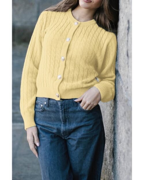 Solid Round Neck Knit Button Cable Sweater