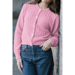 Solid Round Neck Knit Button Cable Sweater Solid Round Neck Knit Button Cable Sweater