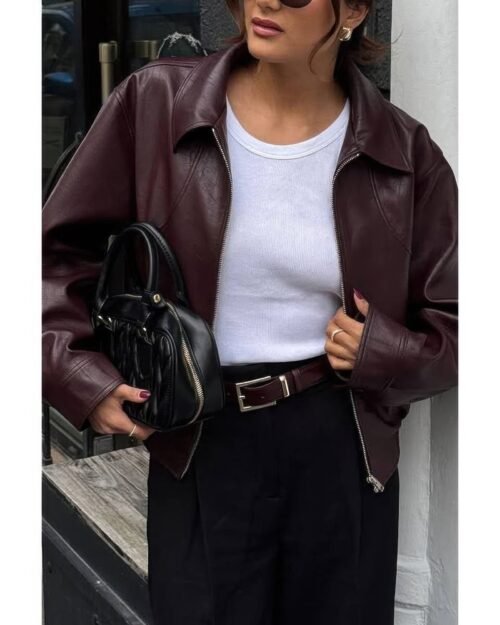 Solid Long Sleeve Short Lapel Zipper Jacket