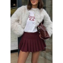 Solid Round Neck Lomh Sleeves Fluffy Jacket