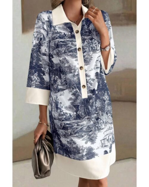 Pattern Stand Collar Front Button Loose Dress