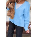 Solid Knit Button Down Pocket Loose Sweater - Image 3