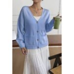 Solid Knit Button Down Pocket Loose Sweater - Image 4