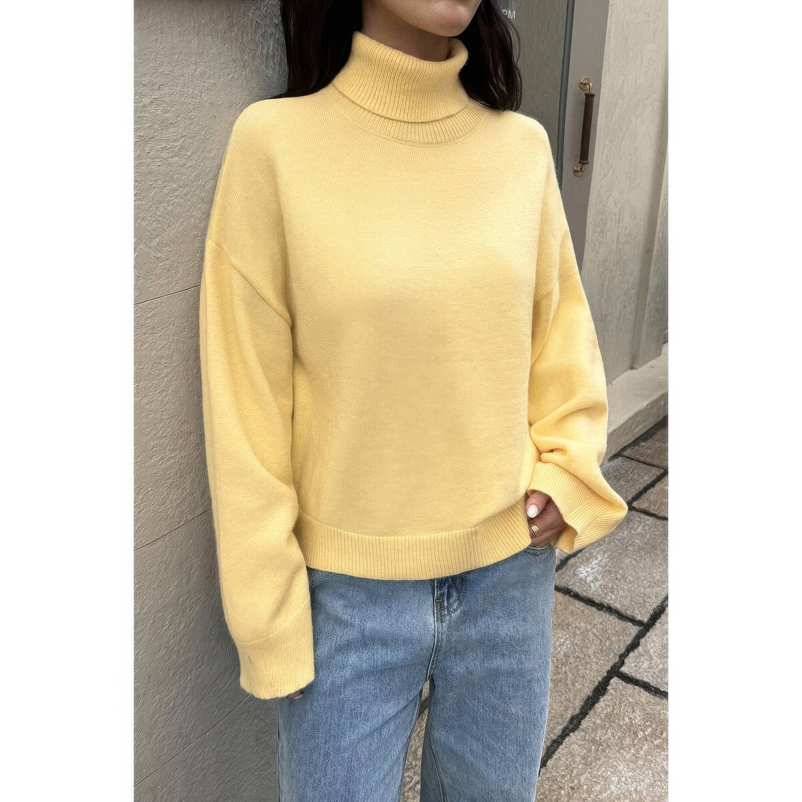 WH327952.jpg Solid Knit High Neck Drop Shoulder Sweater - Image 1