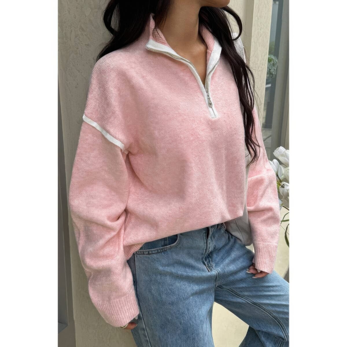 Zip Up V Neck Lapel Collar Loose Sweatshirt