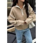 Zip Up V Neck Lapel Collar Loose Sweatshirt - Image 7