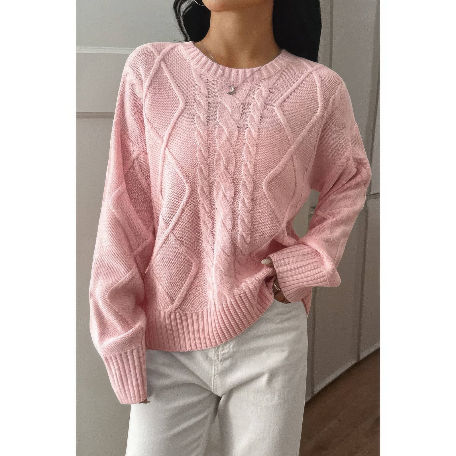 WH327959.jpg Solid Knit Crewneck Long Sleeve Loose Sweater - Image 1
