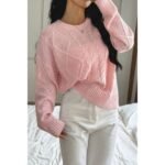 Solid Knit Crewneck Long Sleeve Loose Sweater - Image 2