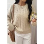 Solid Knit Crewneck Long Sleeve Loose Sweater - Image 4