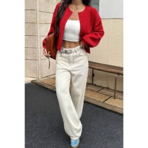 Knit Solid Round Neck Button Down Cardigan