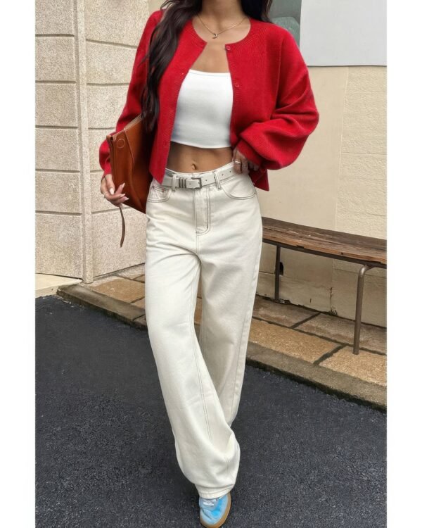 Knit Solid Round Neck Button Down Cardigan