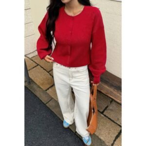 Knit Solid Round Neck Button Down Cardigan Knit Solid Round Neck Button Down Cardigan