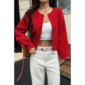 Knit Solid Round Neck Button Down Cardigan Knit Solid Round Neck Button Down Cardigan