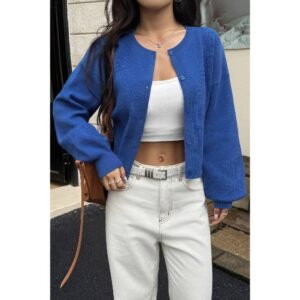 Knit Solid Round Neck Button Down Cardigan Knit Solid Round Neck Button Down Cardigan