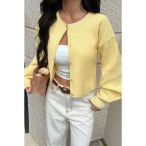 Knit Solid Round Neck Button Down Cardigan Knit Solid Round Neck Button Down Cardigan