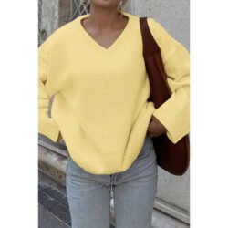 Solid V Neck Loose Knit Vintage Sweater