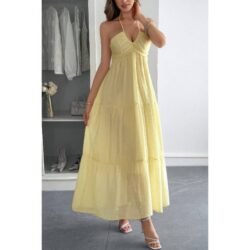 Solid Halter Muse Tiered Ruffle Long Dress