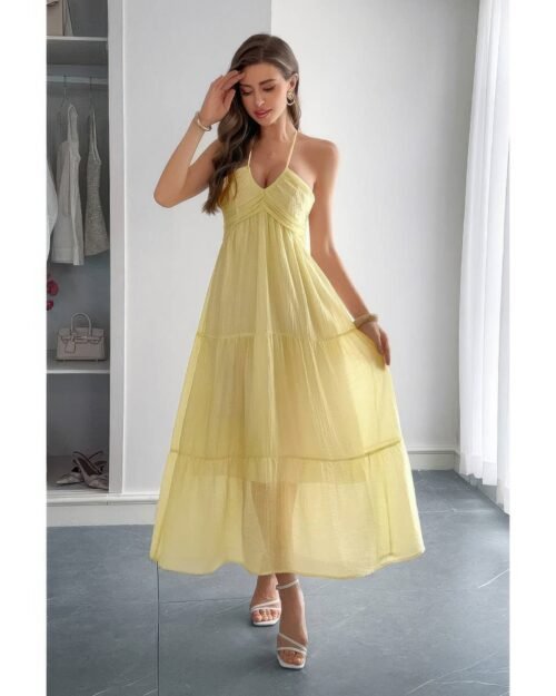 solid halter muse tiered ruffle long dress