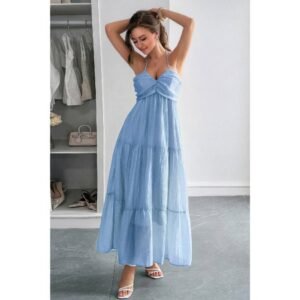 Solid Halter Muse Tiered Ruffle Long Dress