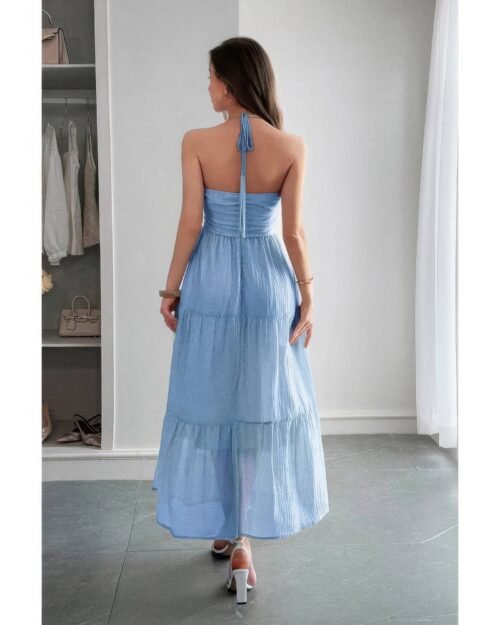 solid halter muse tiered ruffle long dress