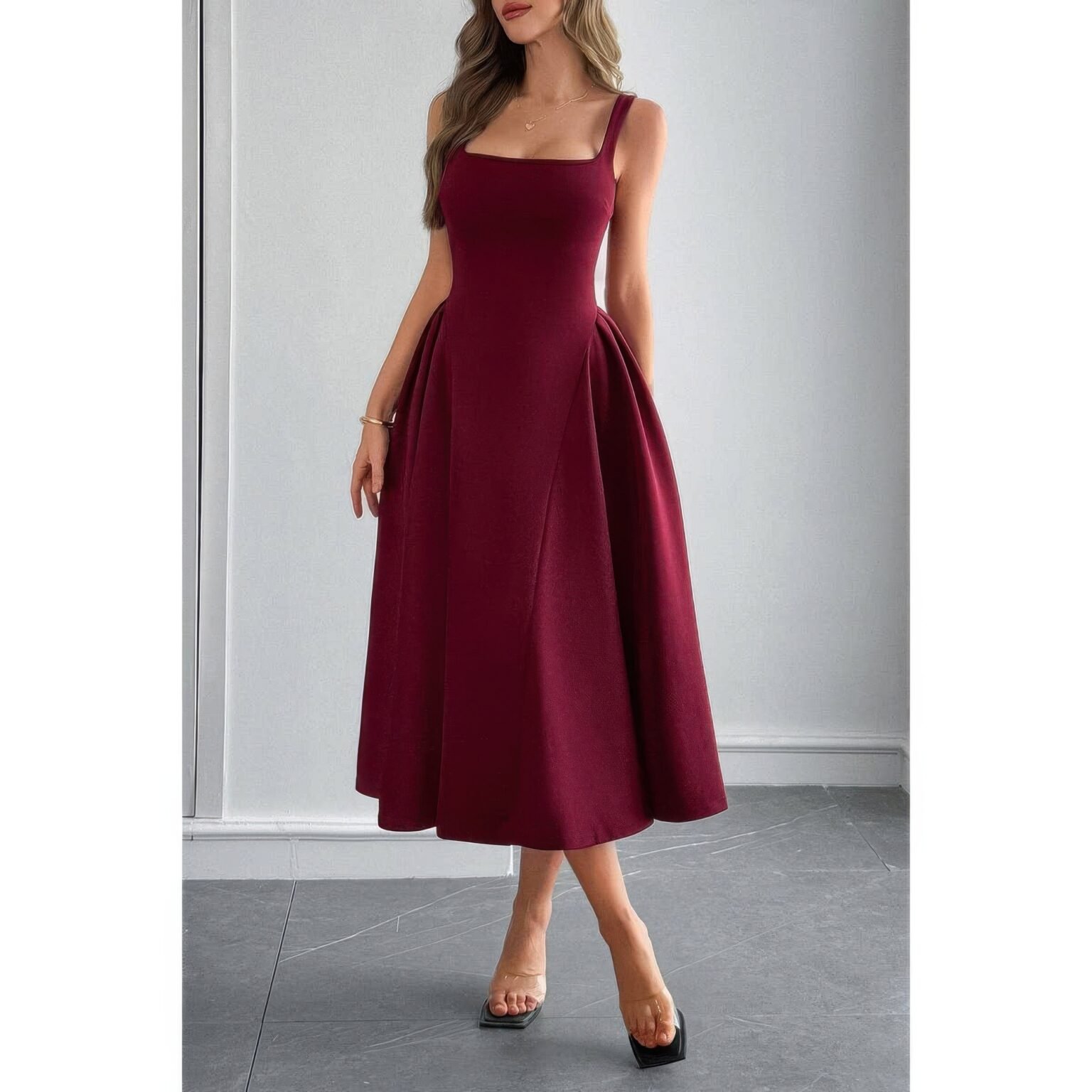 square neck a line pleated sleeveless long dress