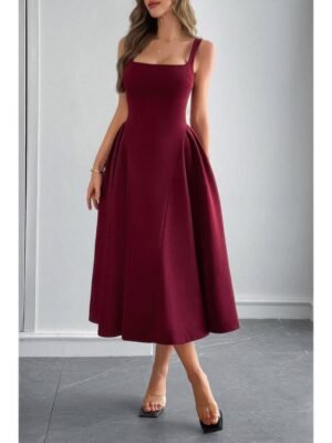 Square Neck A Line Pleated Sleeveless Long Dress