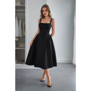 Square Neck A Line Pleated Sleeveless Long Dress Square Neck A Line Pleated Sleeveless Long Dress