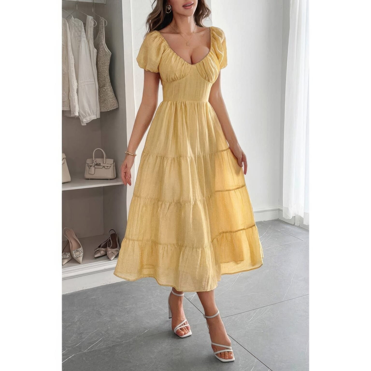 solid backless tiered puff sleeve fit midi dress