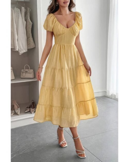 solid backless tiered puff sleeve fit midi dress