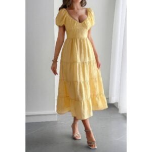 Solid Backless Tiered Puff Sleeve Fit Midi Dress Solid Backless Tiered Puff Sleeve Fit Midi Dress