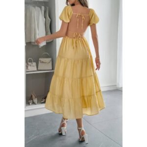 Solid Backless Tiered Puff Sleeve Fit Midi Dress Solid Backless Tiered Puff Sleeve Fit Midi Dress
