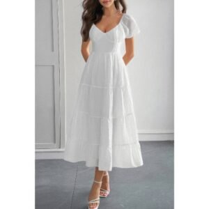 Solid Backless Tiered Puff Sleeve Fit Midi Dress Solid Backless Tiered Puff Sleeve Fit Midi Dress
