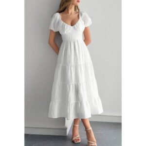 Solid Backless Tiered Puff Sleeve Fit Midi Dress Solid Backless Tiered Puff Sleeve Fit Midi Dress