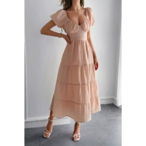 Solid Backless Tiered Puff Sleeve Fit Midi Dress Solid Backless Tiered Puff Sleeve Fit Midi Dress