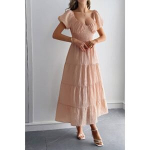 Solid Backless Tiered Puff Sleeve Fit Midi Dress Solid Backless Tiered Puff Sleeve Fit Midi Dress