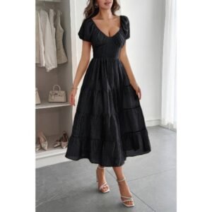 Solid Backless Tiered Puff Sleeve Fit Midi Dress Solid Backless Tiered Puff Sleeve Fit Midi Dress
