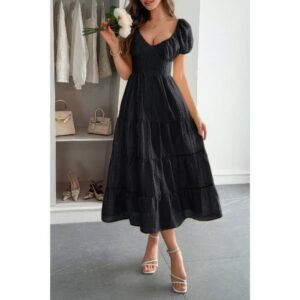 Solid Backless Tiered Puff Sleeve Fit Midi Dress Solid Backless Tiered Puff Sleeve Fit Midi Dress