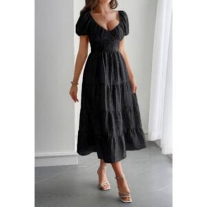 Solid Backless Tiered Puff Sleeve Fit Midi Dress Solid Backless Tiered Puff Sleeve Fit Midi Dress