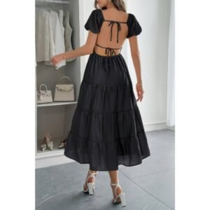 Solid Backless Tiered Puff Sleeve Fit Midi Dress Solid Backless Tiered Puff Sleeve Fit Midi Dress