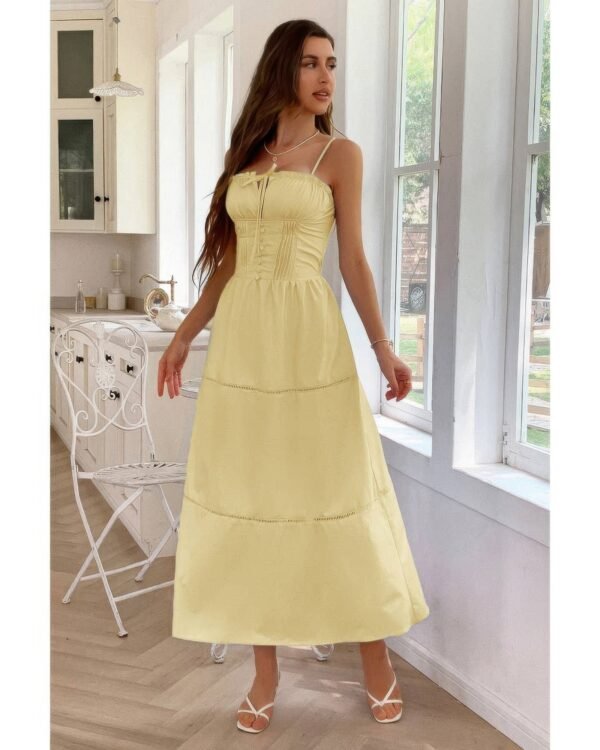 Solid Button Decor Pintuck Eyelet Shirred Dress