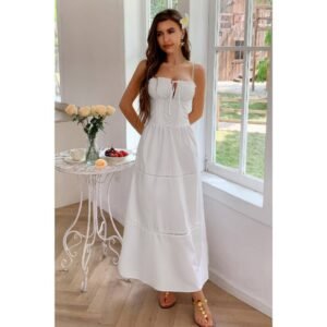 Solid Button Decor Pintuck Eyelet Shirred Dress Solid Button Decor Pintuck Eyelet Shirred Dress