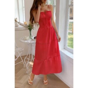 Solid Button Decor Pintuck Eyelet Shirred Dress Solid Button Decor Pintuck Eyelet Shirred Dress