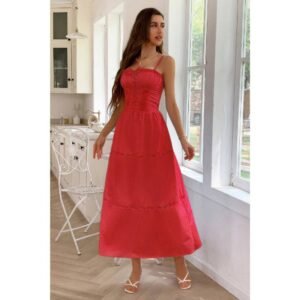 Solid Button Decor Pintuck Eyelet Shirred Dress Solid Button Decor Pintuck Eyelet Shirred Dress