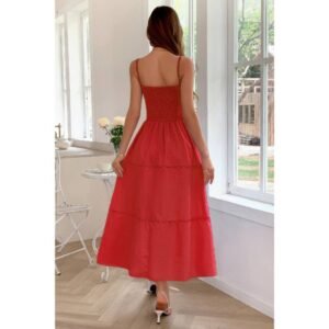 Solid Button Decor Pintuck Eyelet Shirred Dress Solid Button Decor Pintuck Eyelet Shirred Dress