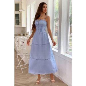 Solid Button Decor Pintuck Eyelet Shirred Dress Solid Button Decor Pintuck Eyelet Shirred Dress