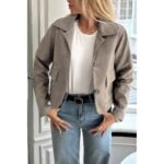 Solid Suit Lapel Faux Suede Leather Jacket - Image 4