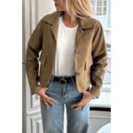 Solid Suit Lapel Faux Suede Leather Jacket - Image 8